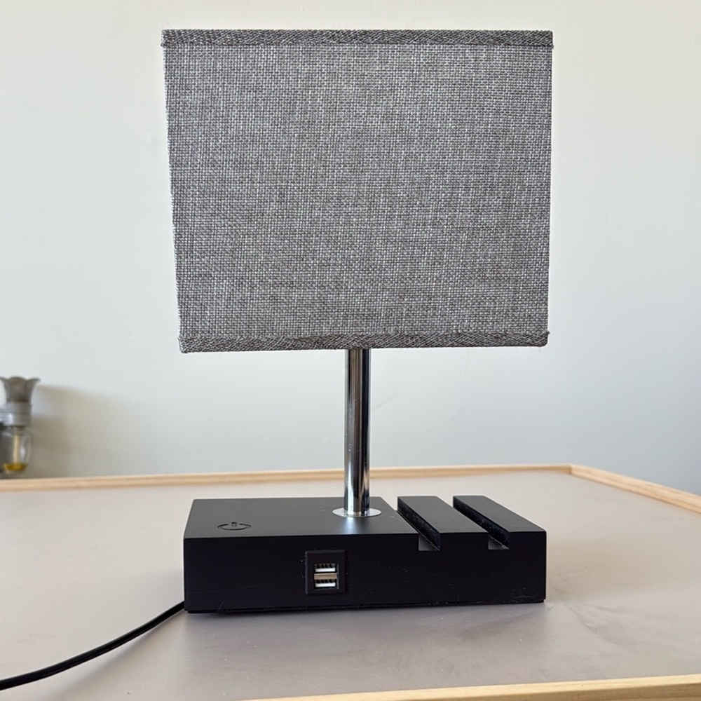 Modern Gray/Black Touch Control Table Lamp with USB Ports.